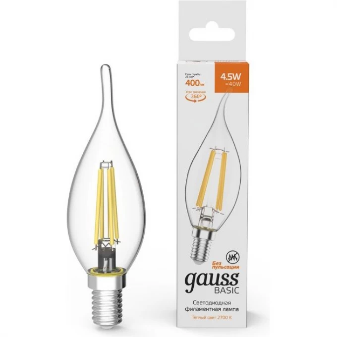Лампа GAUSS BASIC FILAMENT Свеча на ветру 4,5W 400LM 2700К Е14 LED 1/10/50 1041115