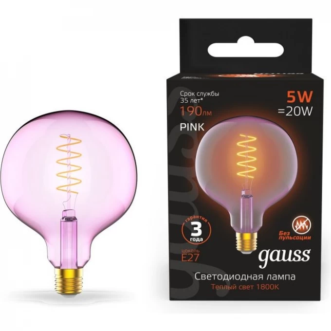 Лампа GAUSS BLACK FILAMENT G125 5W 190LM 1800К Е27 PINK FLEXIBLE LED 1/10 1011802105 Лампа GAUSS BLACK FILAMENT G125 5W 190LM 1800К Е27 PINK FLEXIBLE LED 1/10 1011802105