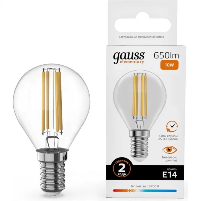 Лампа GAUSS FILAMENT ELEMENTARY Шар 10W 650lm 2700К Е14 LED 1/10/100 52110 Лампа GAUSS FILAMENT ELEMENTARY Шар 10W 650lm 2700К Е14 LED 1/10/100 52110