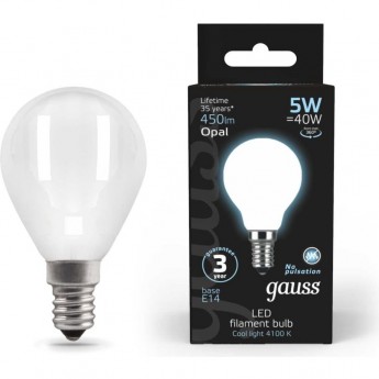 Лампа GAUSS FILAMENT Шар 5W 450lm 4100К Е14 milky LED Лампа GAUSS FILAMENT Шар 5W 450lm 4100К Е14 milky LED