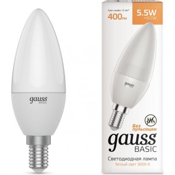 Светодиодная лампа GAUSS BASIC Свеча 5,5W 400LM 3000K E14 LED 1/10/100 Светодиодная лампа GAUSS BASIC Свеча 5,5W 400LM 3000K E14 LED 1/10/100